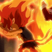 a cartoon character with red hair is standing in front of a fireball .