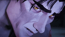 a close up of a cartoon character 's face with a purple background and yellow eyes .