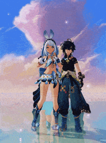 a boy and a girl are standing next to each other in a video game