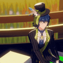 a man with glasses and a top hat is standing in front of a bookshelf