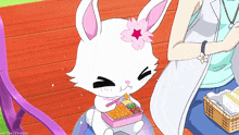 a white rabbit with a pink flower on its head is holding a pink box of food