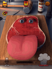 a cutting board with a piece of meat with its tongue out