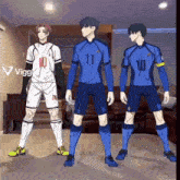 three soccer players standing next to each other with one wearing the number 10