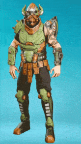 a video game character with horns and a beard is standing in front of a blue background