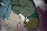 a drawing of a man laying on the ground with a purple background