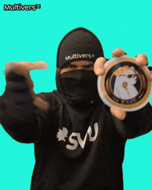 a man wearing a mask and a hat that says multiverse on it