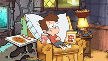 a cartoon character is laying on a couch with a box of pizza and a bag of cookies