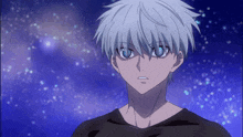 a boy with white hair and blue eyes is looking at the camera