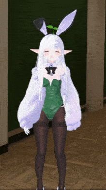 a girl with white hair and bunny ears is standing on a wood floor