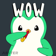 a cartoon of a penguin blowing a party horn with the word wow written above it