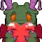 a pixel art drawing of a monster with horns and a red heart in its mouth .