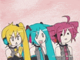 a group of three anime girls are standing next to each other .