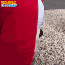 a sonic the hedgehog stuffed animal sits on a rug