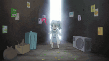 a girl in a white coat is standing in a dark room with posters on the wall including one that says " 50 "