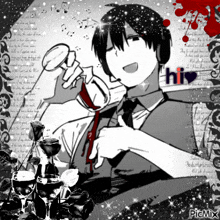 a black and white drawing of a man holding a magnifying glass with the word hi in red