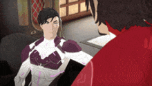 two anime characters are standing next to each other in a room .