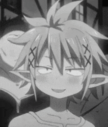 a black and white photo of a girl with ears and a ponytail making a funny face .