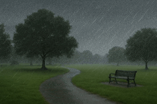 a park with trees and a path going through it in the rain