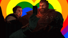 a man with a beard is taking a picture of himself with a rainbow heart in the background