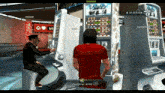 a man in a red shirt is playing a video game with a test drive of 100 dollars