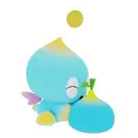 a blue and yellow cartoon character holding a blue ball