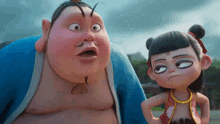a fat man and a little girl from a cartoon are standing next to each other .