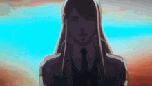 a close up of a person 's face with long hair and a tie .