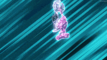 a cartoon character is glowing in a blue background