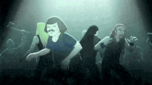 a group of cartoon characters are standing in a dark room