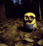 a toy minion is standing on a pile of leaves in the woods at night .