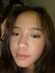 a close up of a girl 's face with a blue box behind her that says ' nintendo ' on it