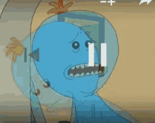 a blue cartoon character with a red flower on his head is holding a stick in his mouth .