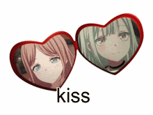 a pair of heart shaped sunglasses with two anime girls on them and the word kiss underneath