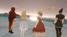 a group of anime characters standing on a beach with the sun shining through the clouds