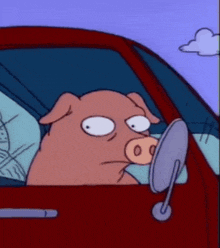 a cartoon pig is looking in a mirror in a car