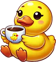 a cartoon duck holding a cup of coffee with a yellow duck on it