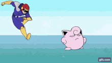 a cartoon of captain falcon and jigglypuff are fighting in the water .