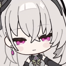 a cartoon drawing of a girl with gray hair and purple eyes