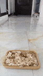 a wooden tray filled with noodles and meat sits on a tiled floor