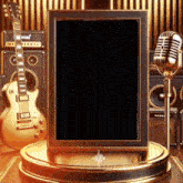 a guitar and a microphone in front of a sign that says ' marshall ' on it