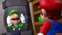 a video game character is wearing sunglasses and a mustache while standing next to another video game character .