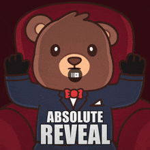 a teddy bear is sitting in a red chair with the words absolute reveal written below it