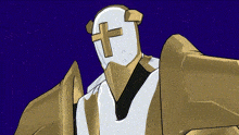 a cartoon drawing of a robot with a cross on his head