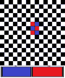 a black and white checkered board with a blue and red square in the middle .