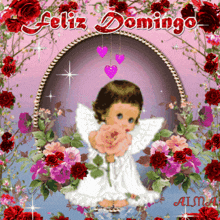 a greeting card that says feliz domingo with a baby angel