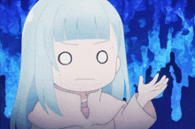 a girl with a surprised look on her face stands in front of a blue background