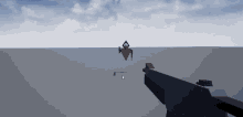 a computer generated image of a person holding a gun in front of a red object