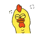 a yellow chicken with a red crest on its head is making a funny face .