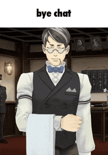 a man in a tuxedo holding a white towel with the words bye chat below him