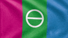 a pink green and blue flag with a white circle in the center